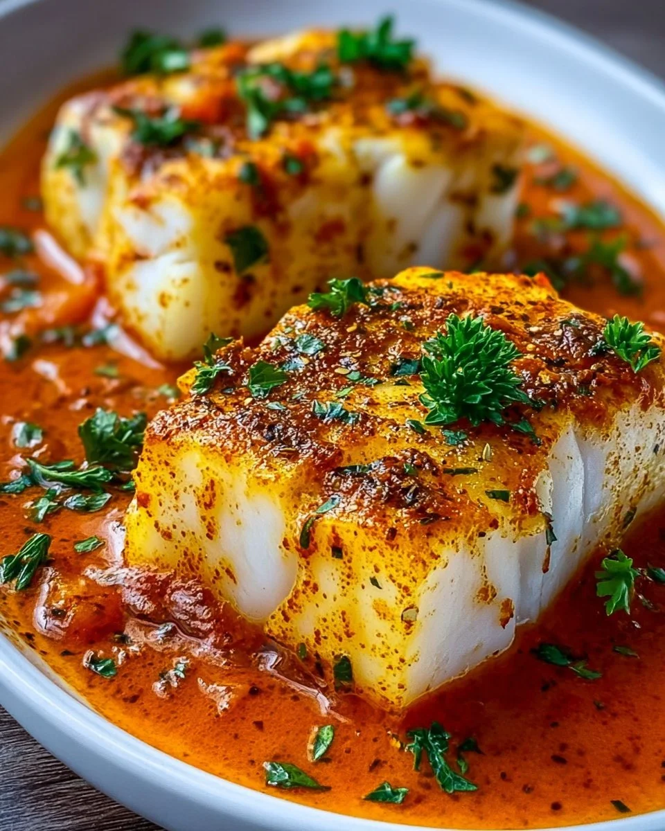 Plate of cod in roasted red pepper sauce garnished with herbs