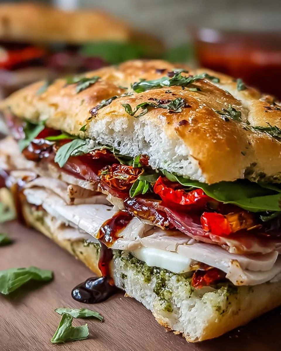 Turkey Focaccia Sandwich with fresh ingredients and gourmet presentation