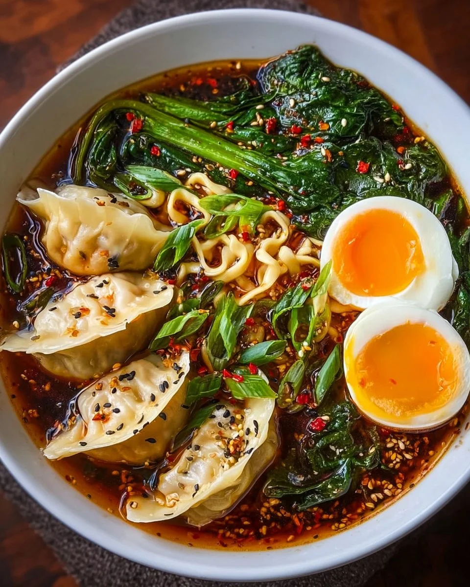 Delicious dumpling ramen bowl with flavorful broth and fresh ingredients
