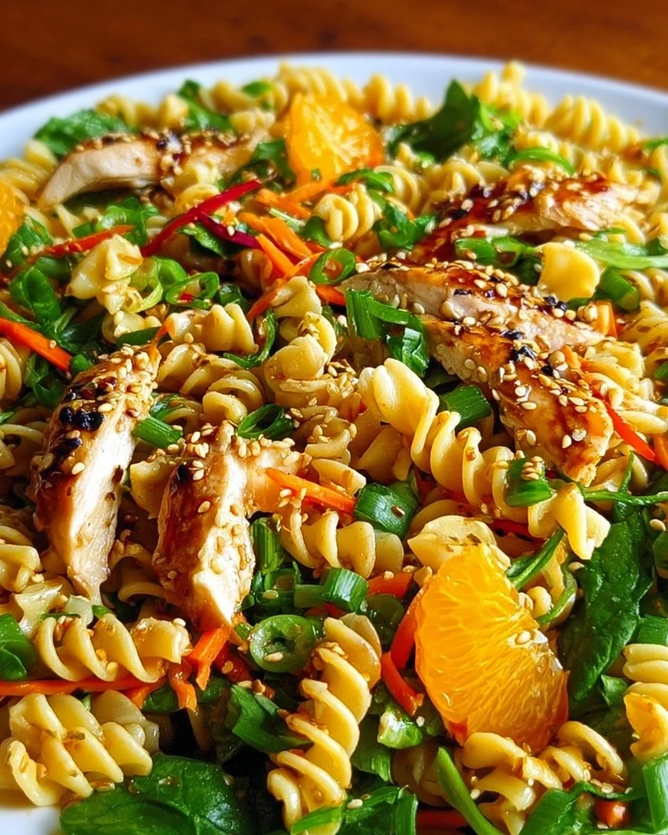 Bowl of easy Asian Chicken Pasta Salad with vibrant vegetables and chicken.