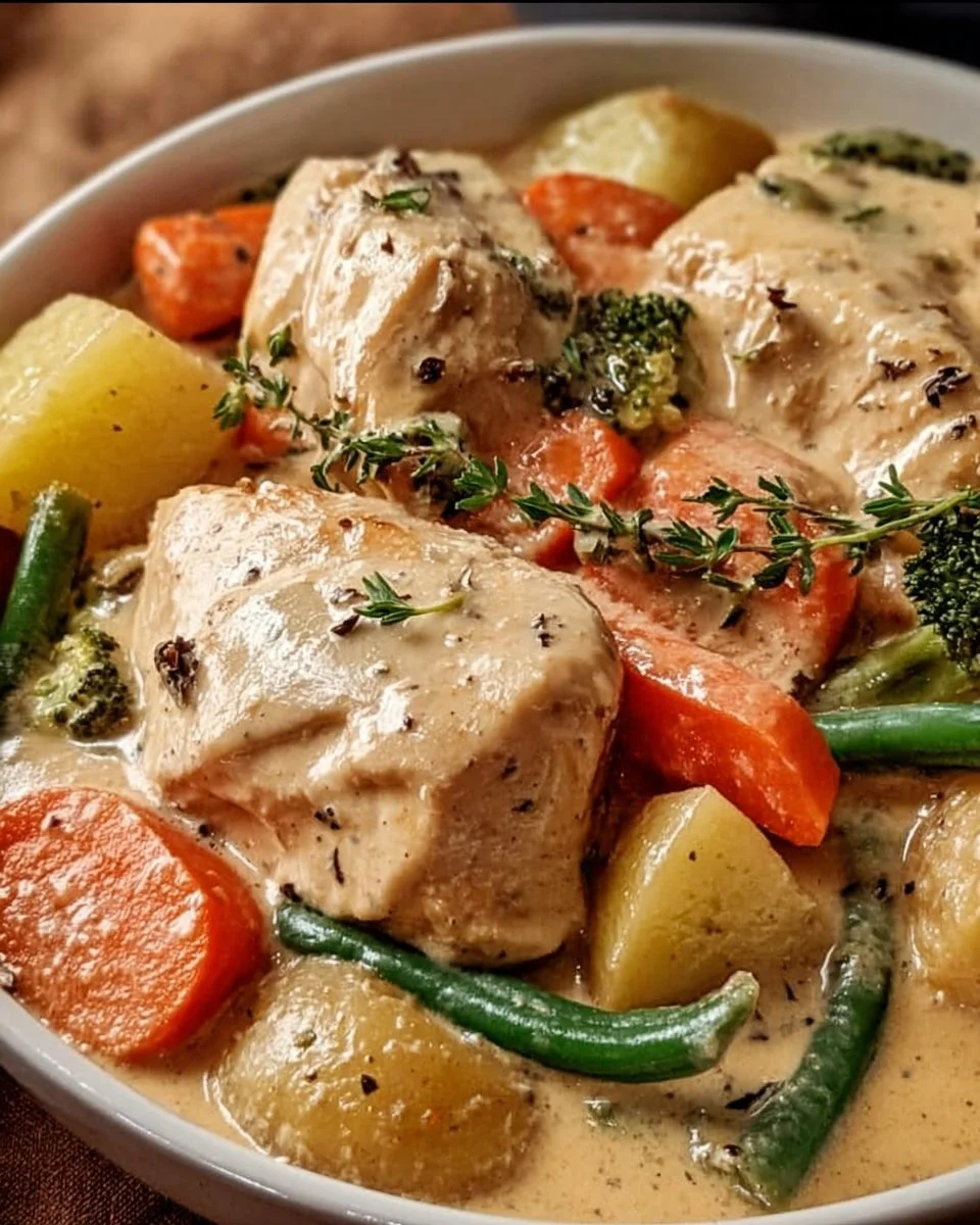 Bowl of easy crockpot creamy chicken with vegetables, perfect for cozy dinners