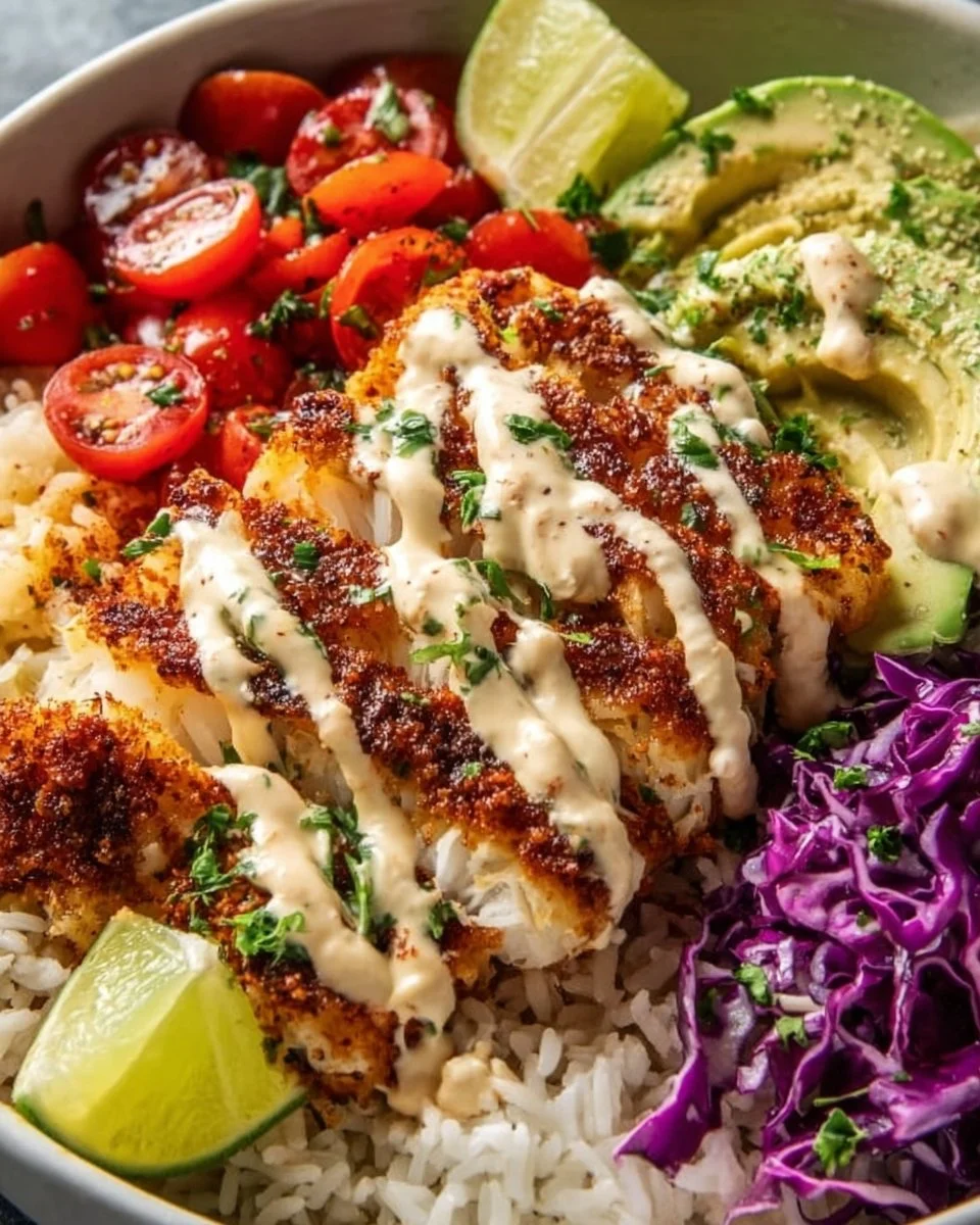 Easy fish taco bowl with spicy lime mayo and fresh toppings