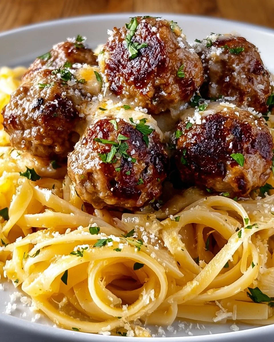 Garlic butter meatballs on creamy parmesan linguine plate