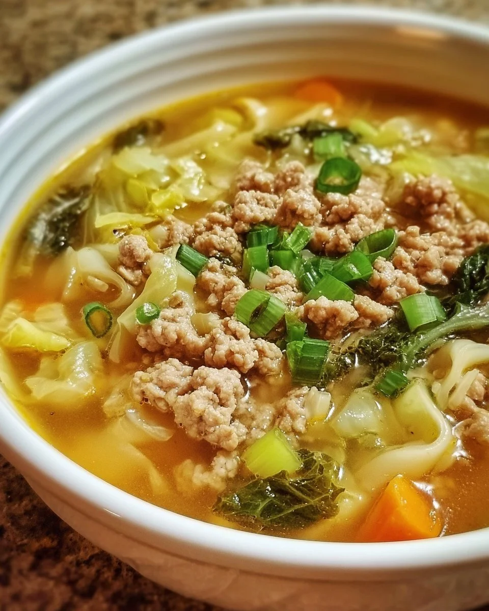 Bowl of Egg Roll Soup with fresh vegetables and herbs