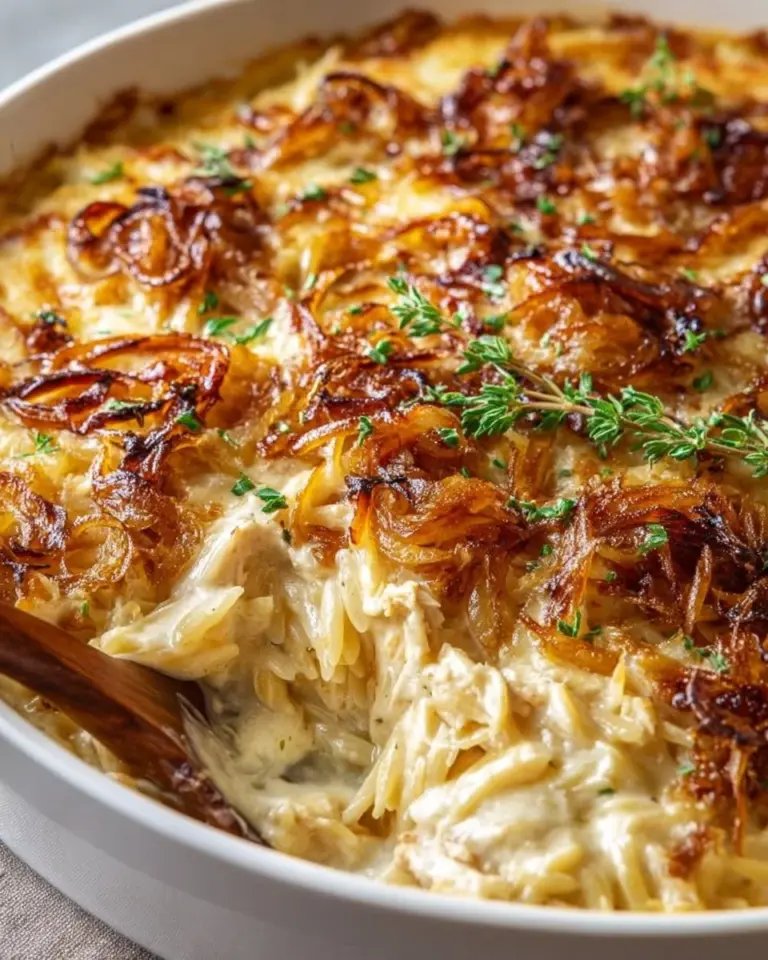 French onion chicken orzo casserole topped with melted cheese and caramelized onions
