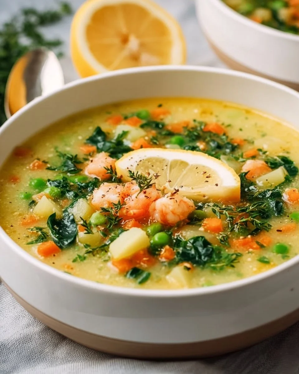 Bowl of fresh French Spring Soup garnished with herbs and vegetables