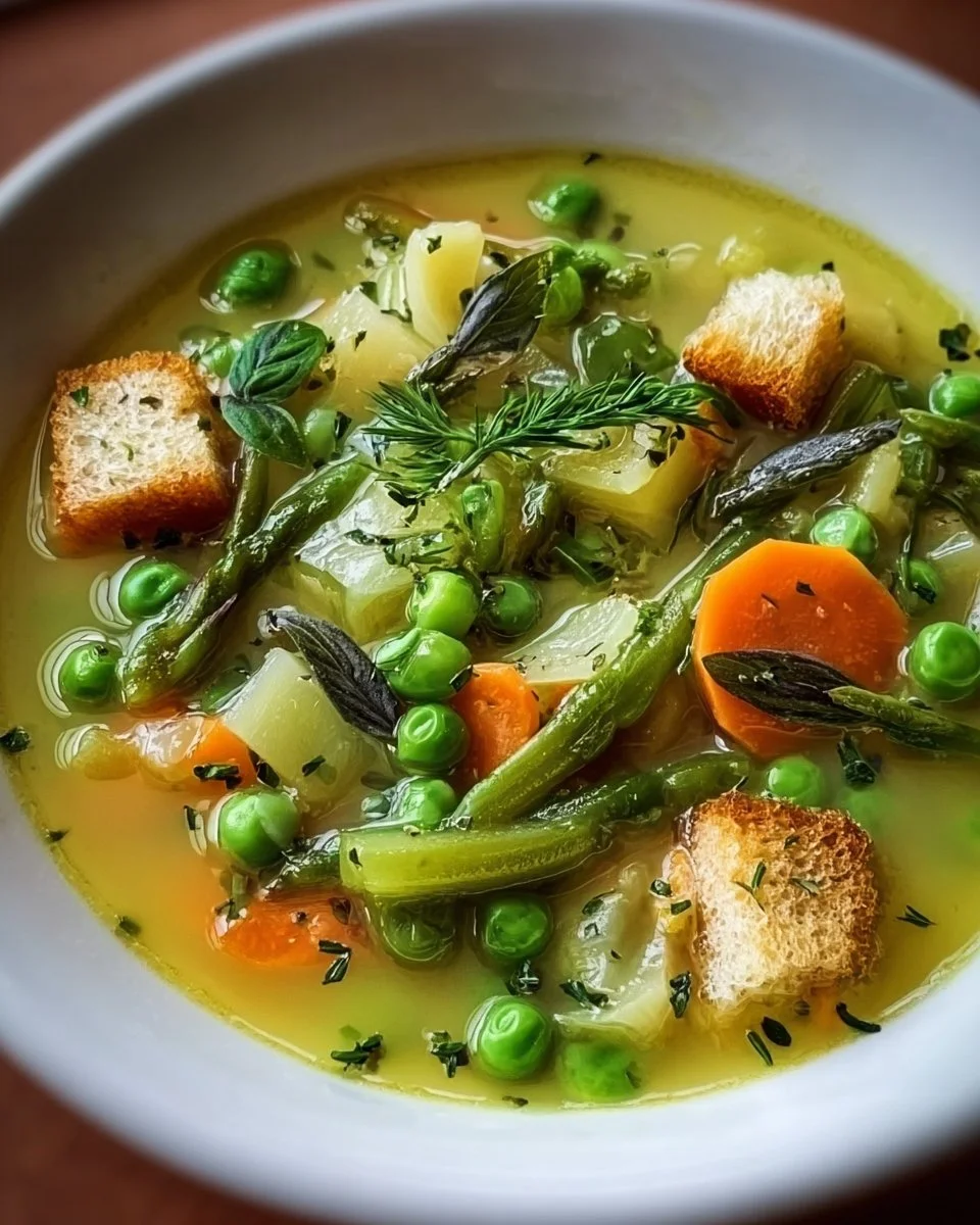 Bowl of French Spring Vegetable Soup with fresh vegetables and herbs