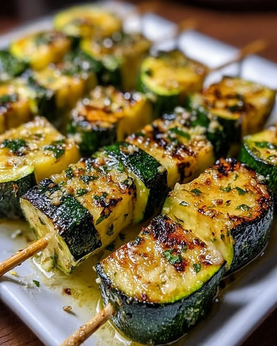 Garlic Butter Zucchini Skewers grilled and served on a platter