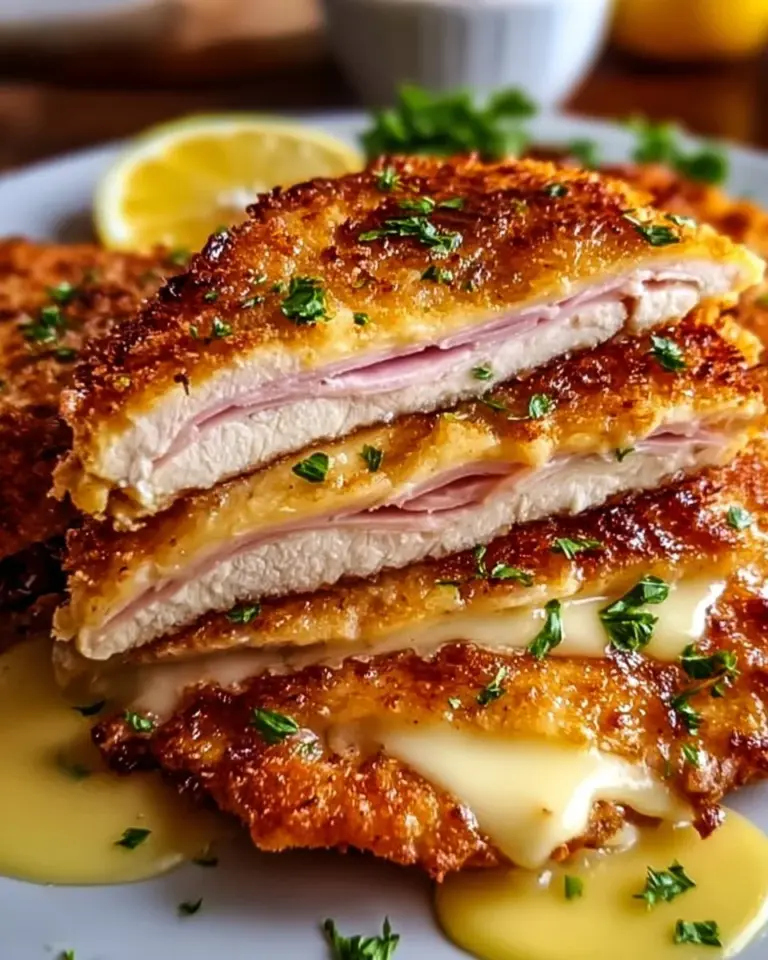 Golden Crispy Malibu Chicken with Swiss cheese and ham layered on a plate