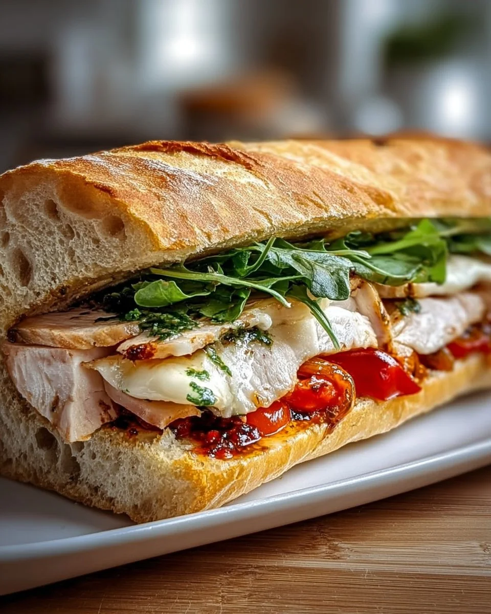 Gourmet ciabatta sandwich filled with fresh ingredients and rich flavors.