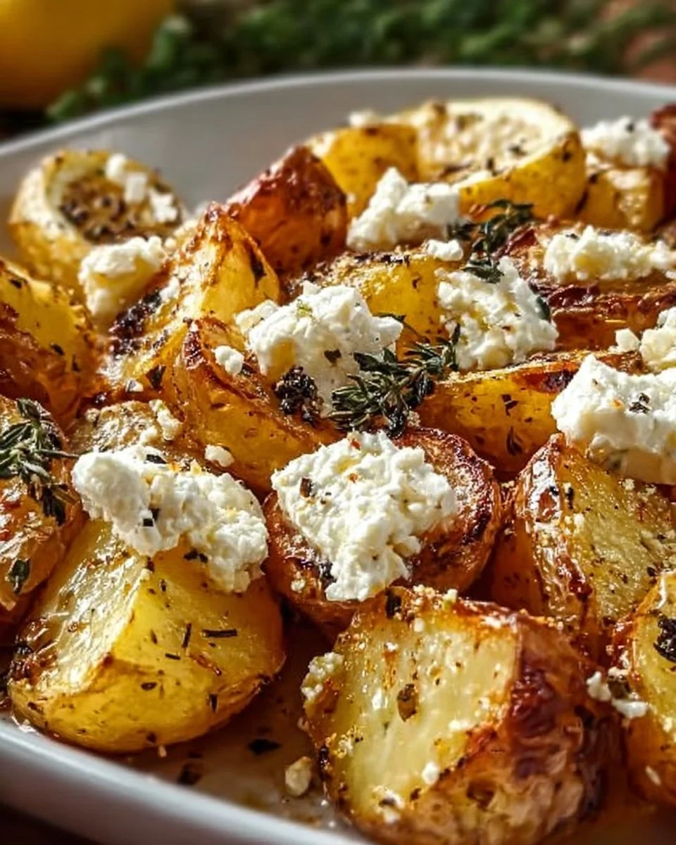 Delicious Greek feta roast potatoes topped with herbs and olive oil