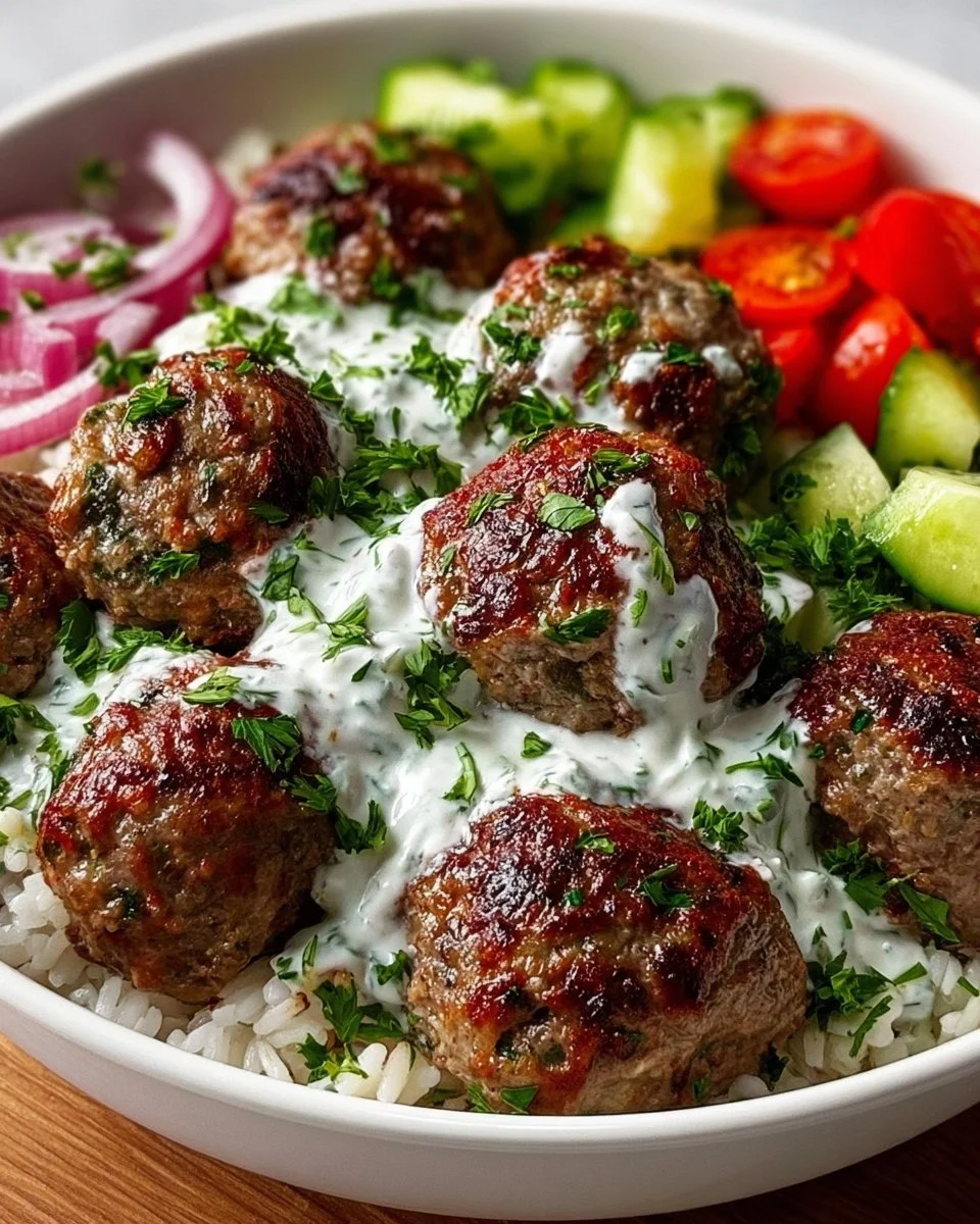 Delicious Greek meatball bowl with fresh vegetables and savory meatballs