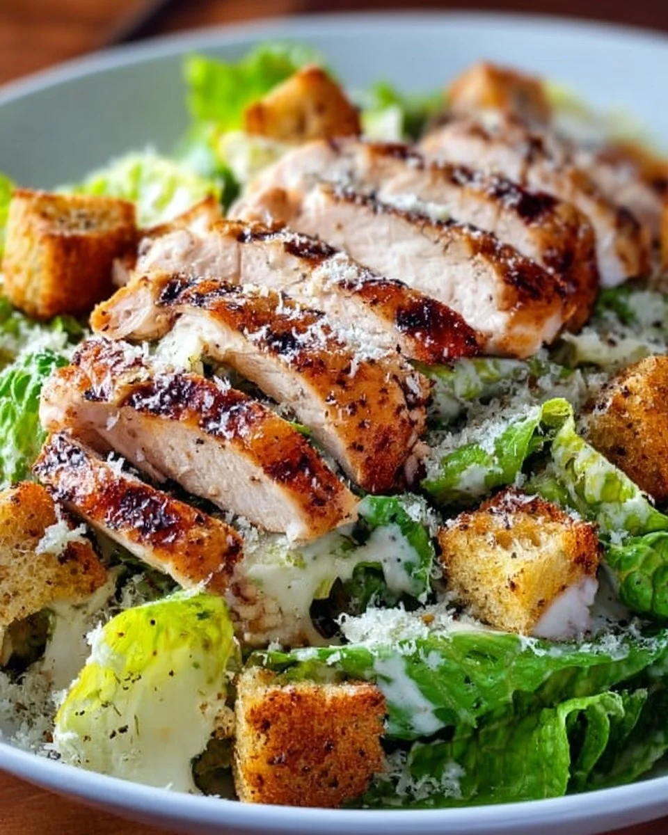 Delicious Grilled Chicken Caesar Salad with fresh greens and dressing