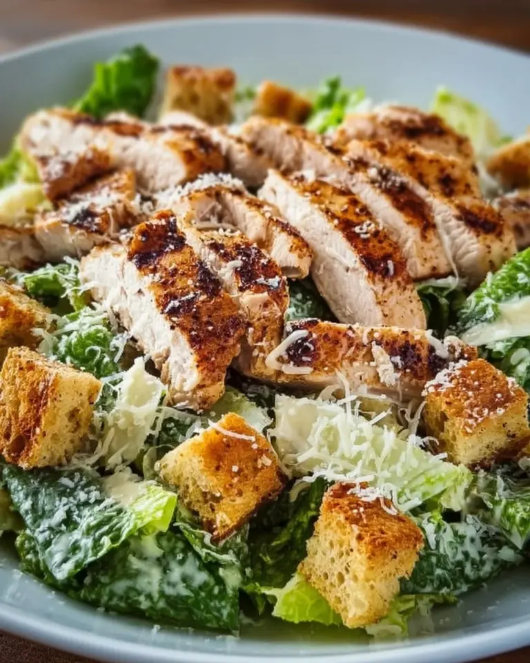 Grilled Chicken Caesar Salad with homemade croutons and fresh ingredients
