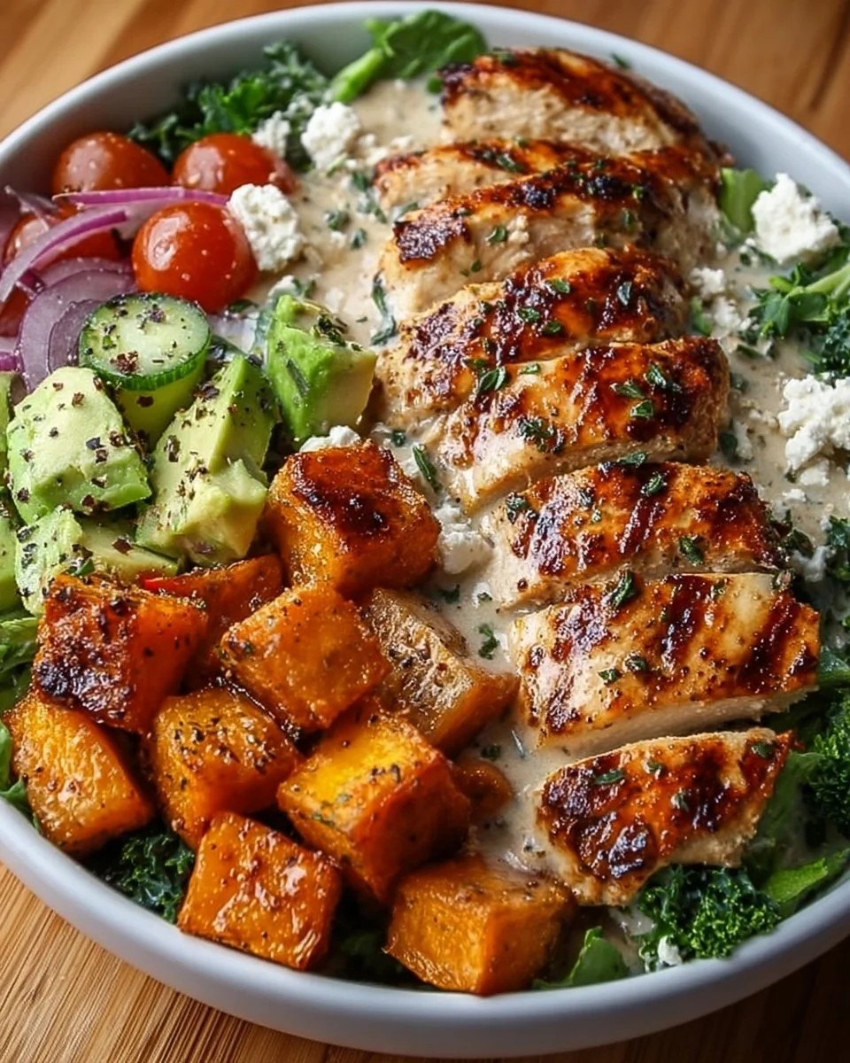 Delicious grilled chicken salad with mixed greens and fresh vegetables