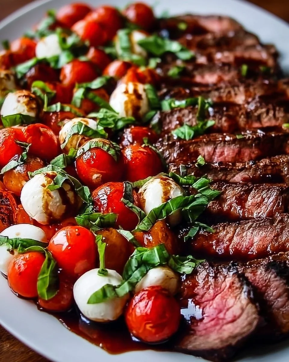 Delicious Grilled Flank Steak Caprese with fresh basil and balsamic dressing