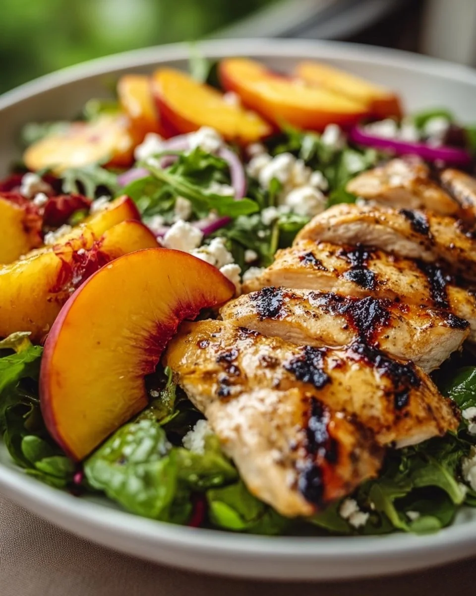 Grilled peach and chicken salad garnished with fresh greens and nuts