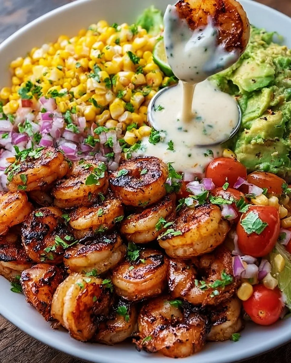 Colorful grilled shrimp bowl topped with avocado, corn salsa, and creamy garlic sauce