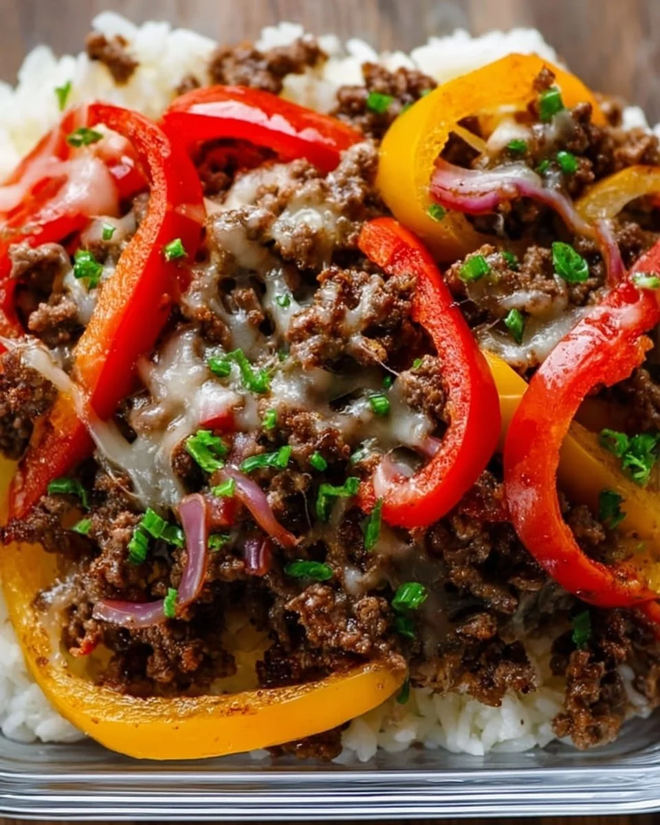 Ground Beef Philly Bowl served in a bowl topped with cheese and peppers