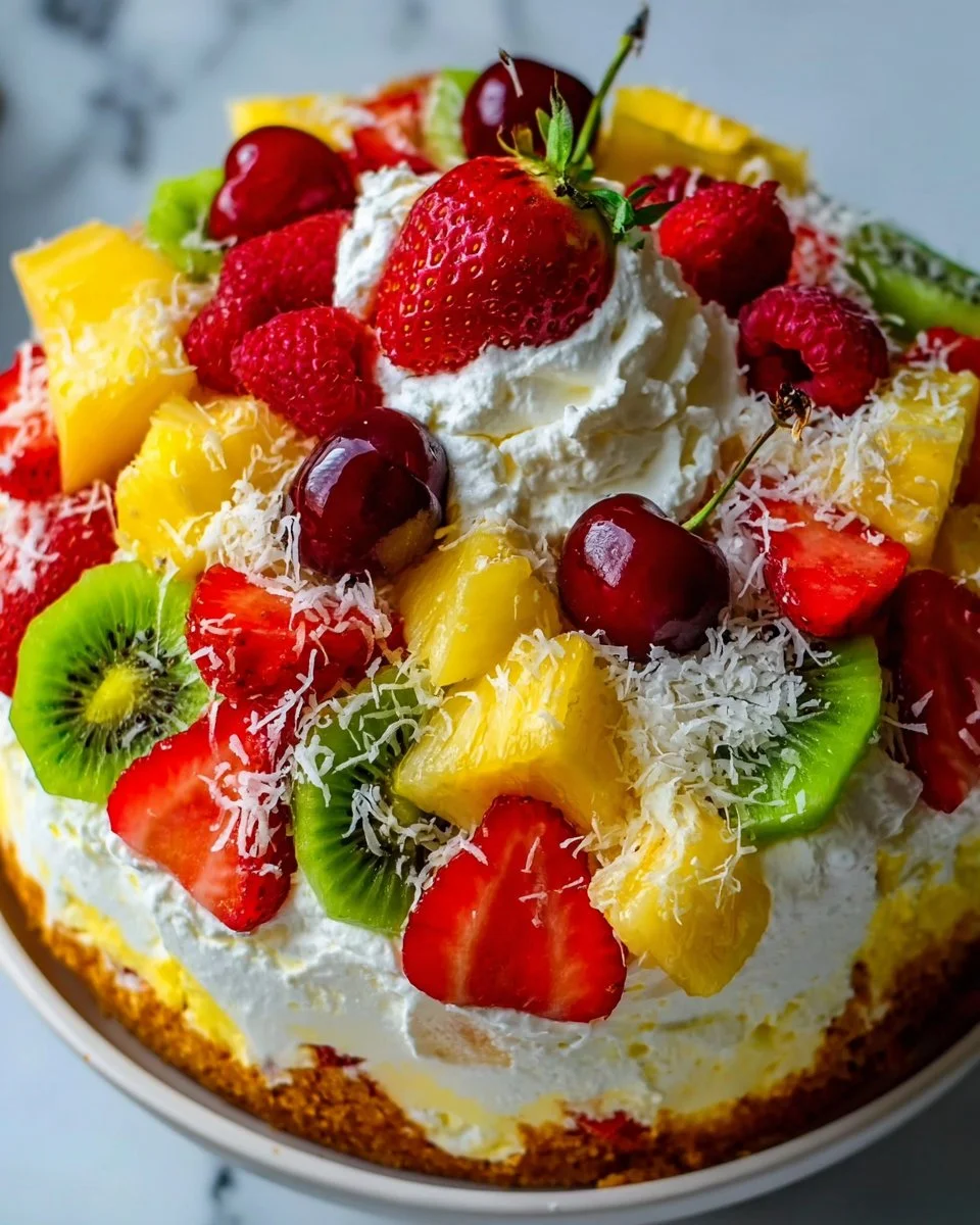 Delicious Hawaiian Cheesecake Salad with tropical fruits and creamy cheesecake