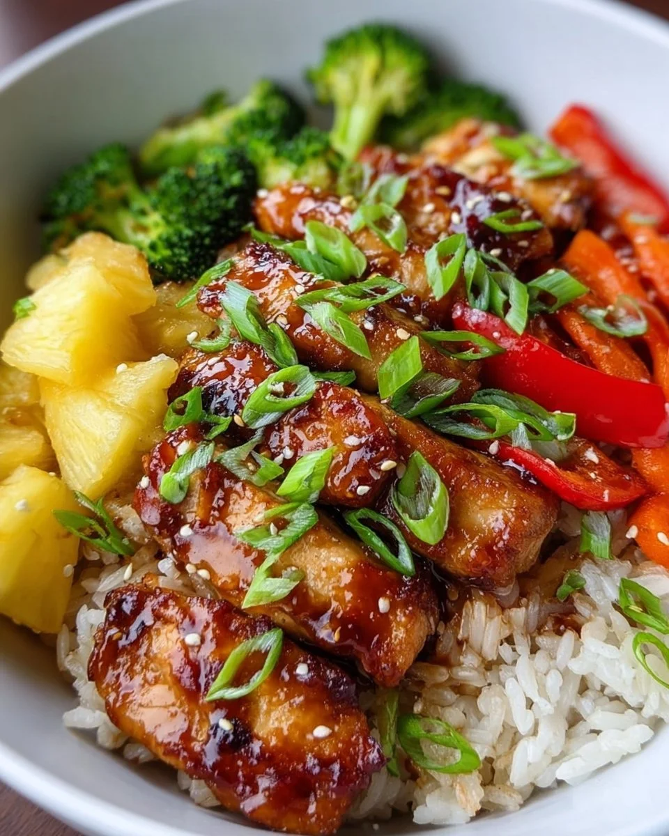 Delicious Hawaiian Chicken Bowl with colorful vegetables and chicken