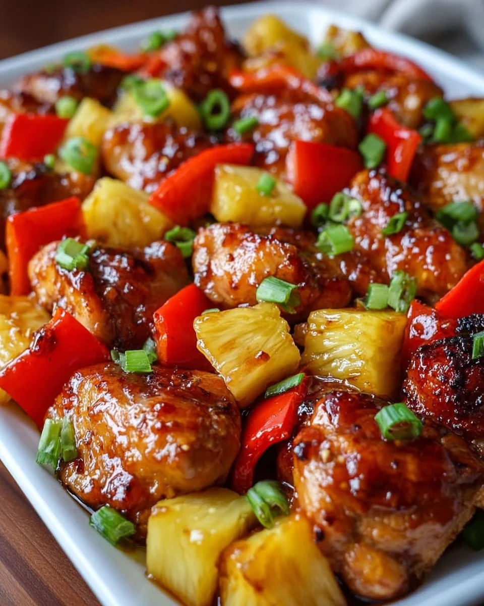 Hawaiian Chicken Sheet Pan with vibrant vegetables and pineapple glaze