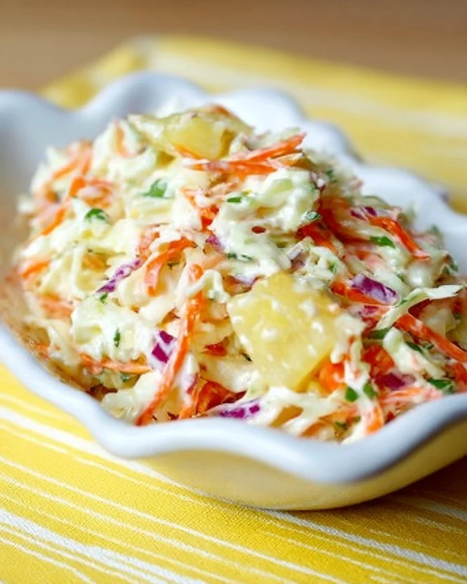Bowl of Hawaiian pineapple coleslaw topped with fresh ingredients.