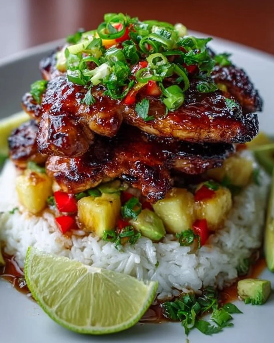 Hawaiian Chicken Turned Turned Stack served on a plate with tropical fruits.
