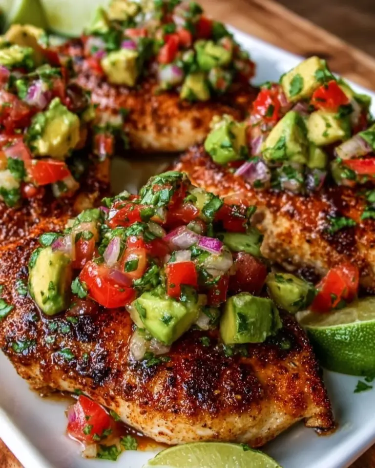 Healthy grilled chicken served with avocado salsa on a plate.