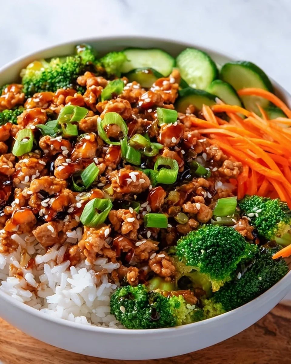 Healthy teriyaki turkey rice bowl with vegetables and rice