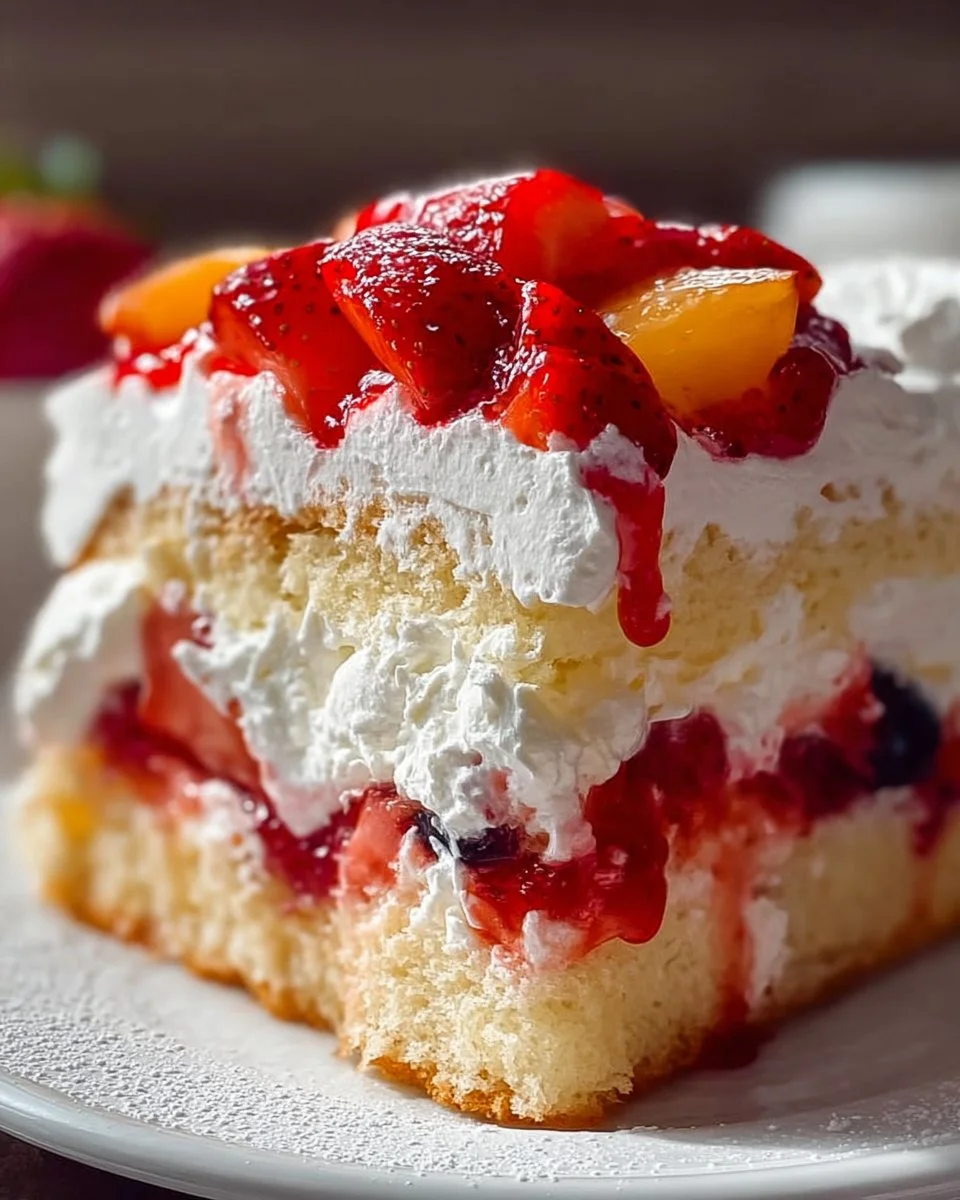 Delicious slice of Heaven on Earth Cake with creamy layers and fruity toppings