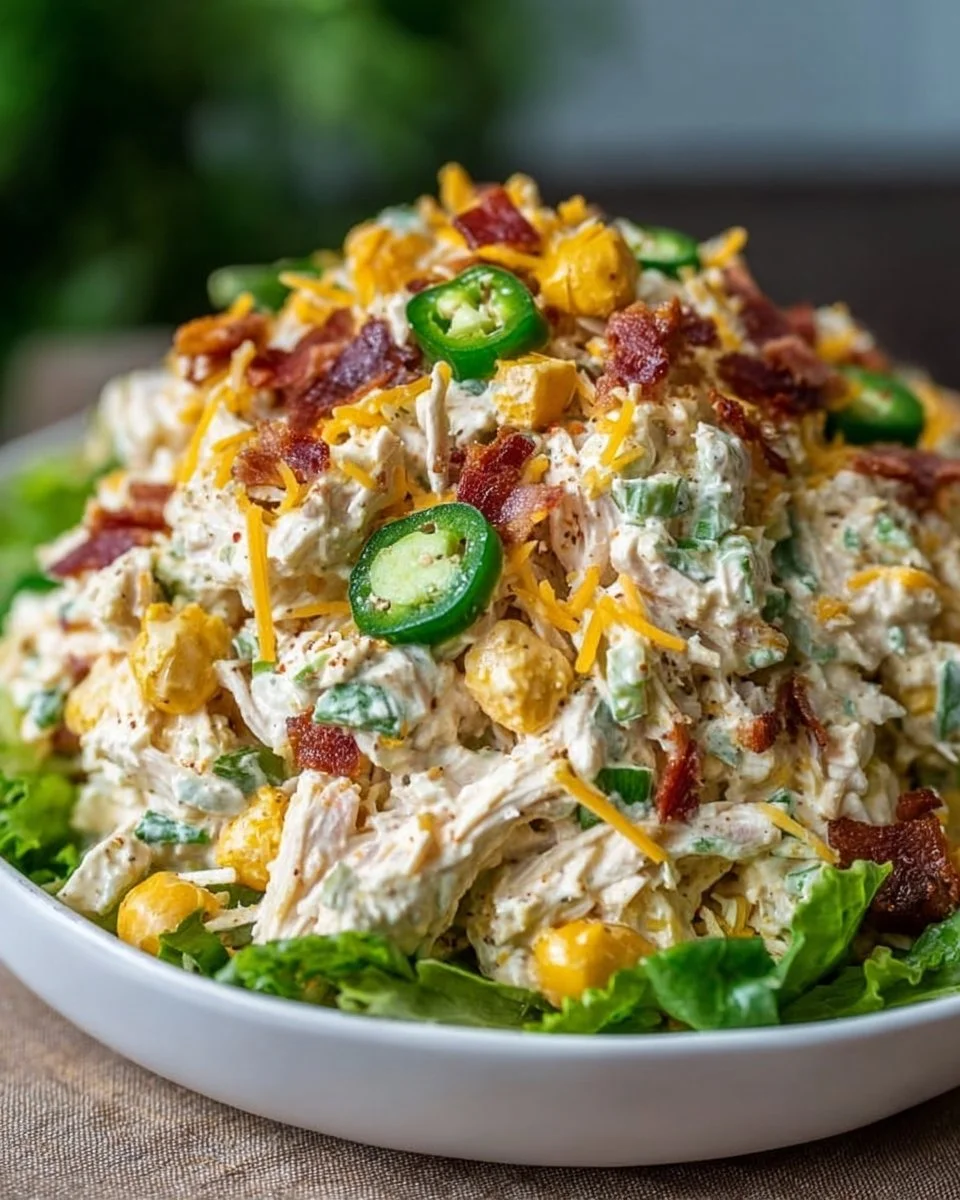 High protein jalapeno popper chicken salad with fresh ingredients and creamy dressing