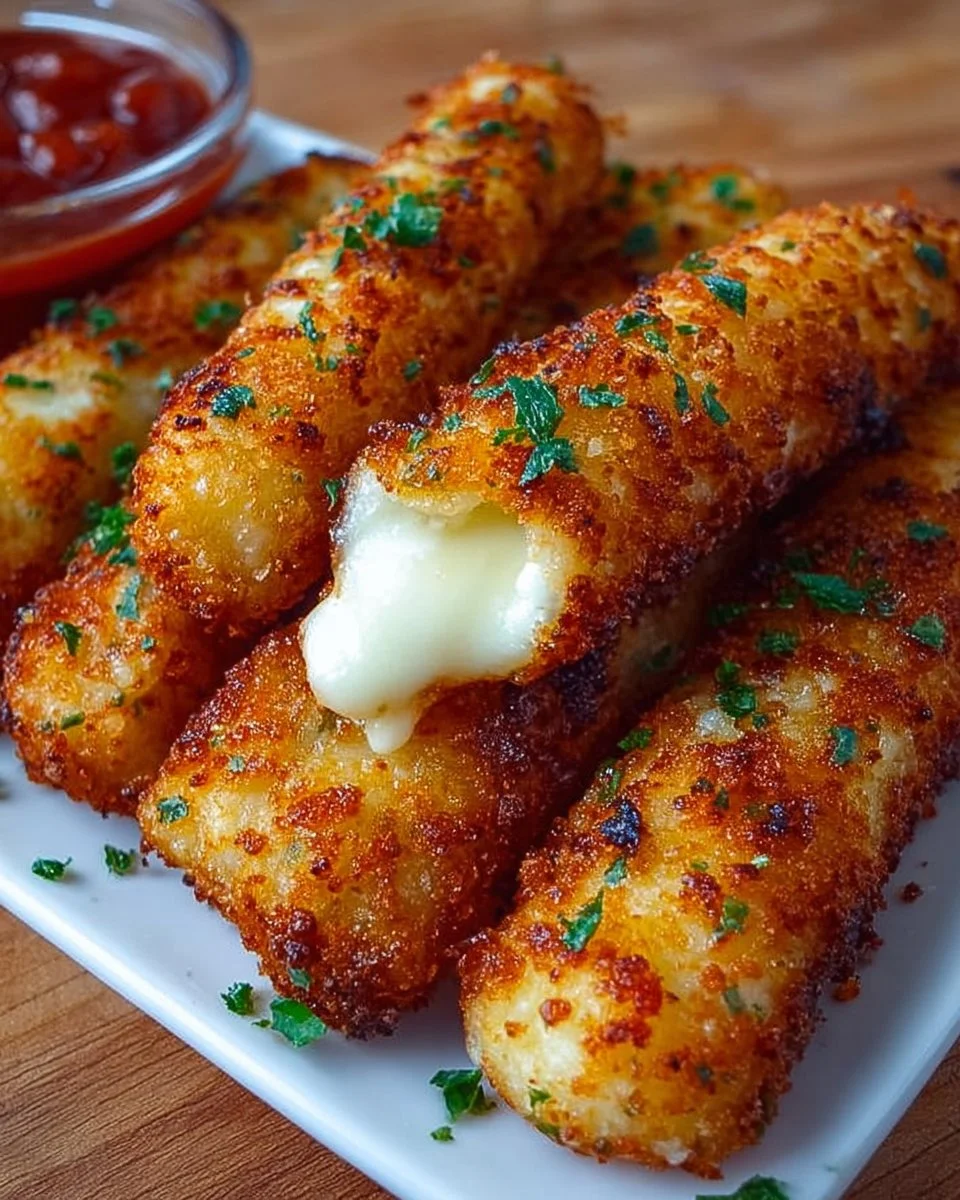 Baked homemade mozzarella sticks on a plate with marinara sauce