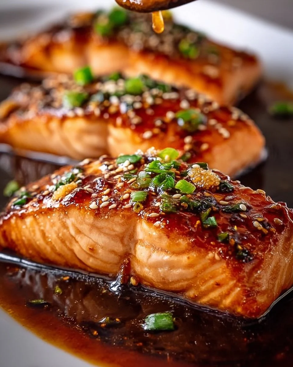 Honey Garlic Glazed Salmon fillet with a shiny glaze served on a plate