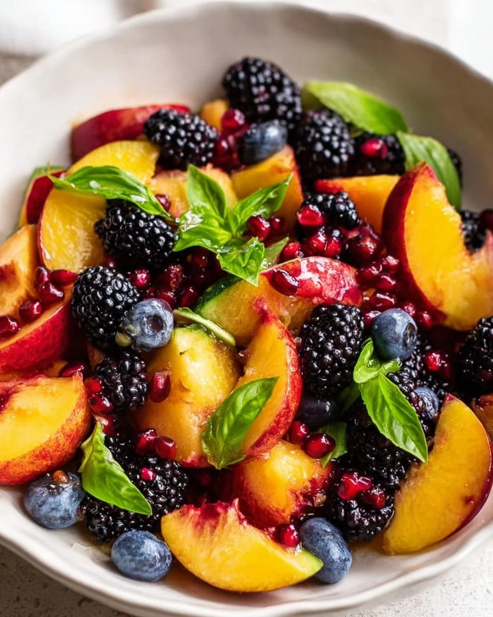 A vibrant bowl of Honey Lime Basil Peach Fruit Salad garnished with fresh basil.