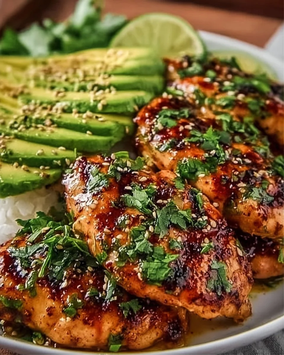 Delicious Honey Lime Chicken served with fresh avocado slices.
