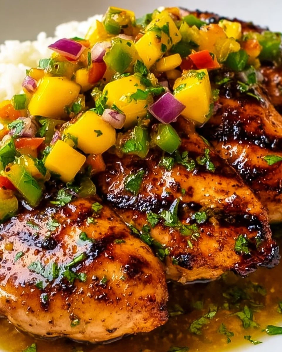 Honey lime chicken served with vibrant mango salsa on a plate.