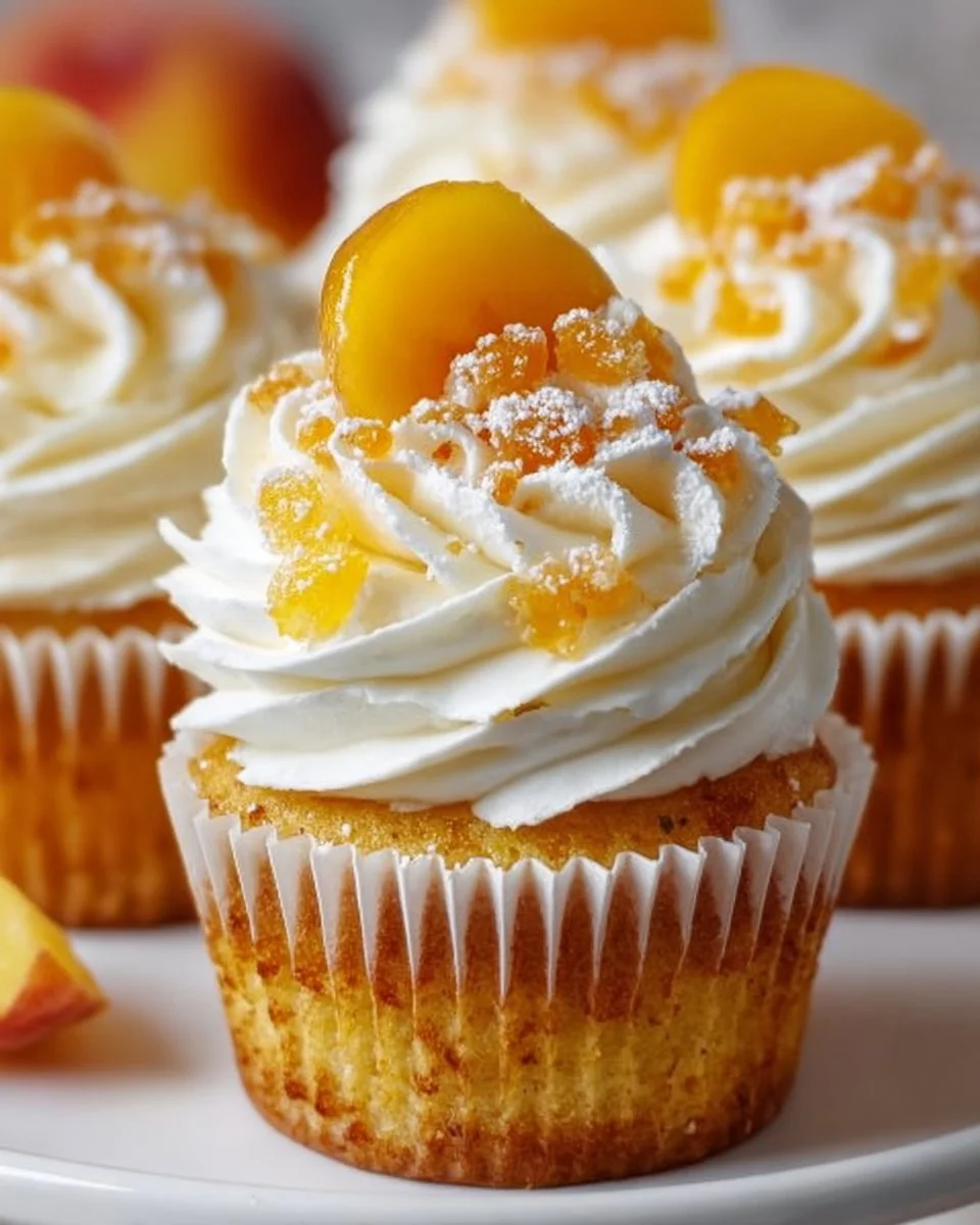Delicious Honey Peach Cream Cheese Cupcakes topped with creamy frosting
