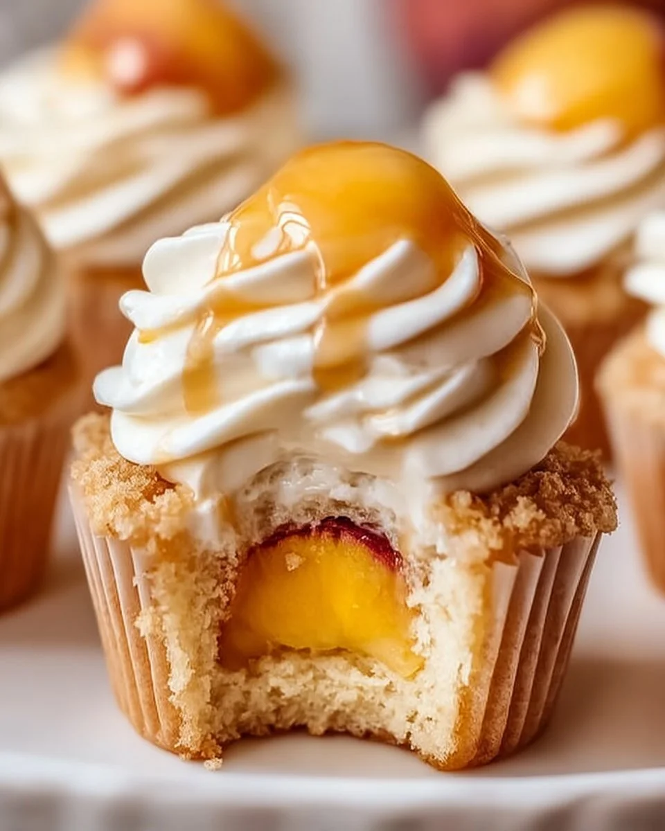 Delicious honey peach cream cheese cupcakes on a rustic wooden table