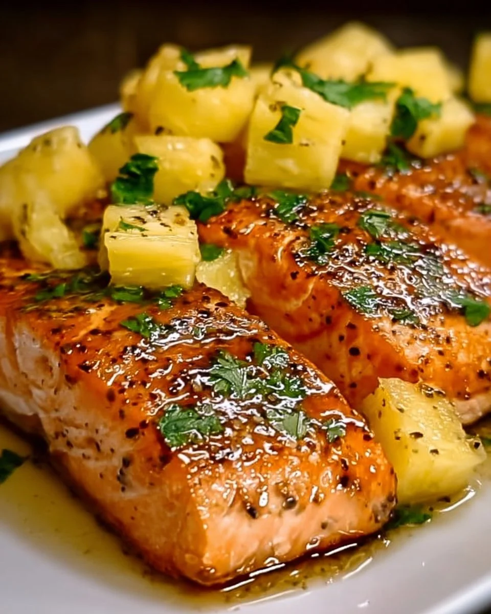 Honey Pineapple Salmon dish garnished with fresh herbs and served on a plate