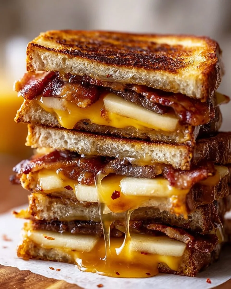 Hot Honey Apple Cheddar Beef Bacon Grilled Cheese sandwich with gourmet ingredients