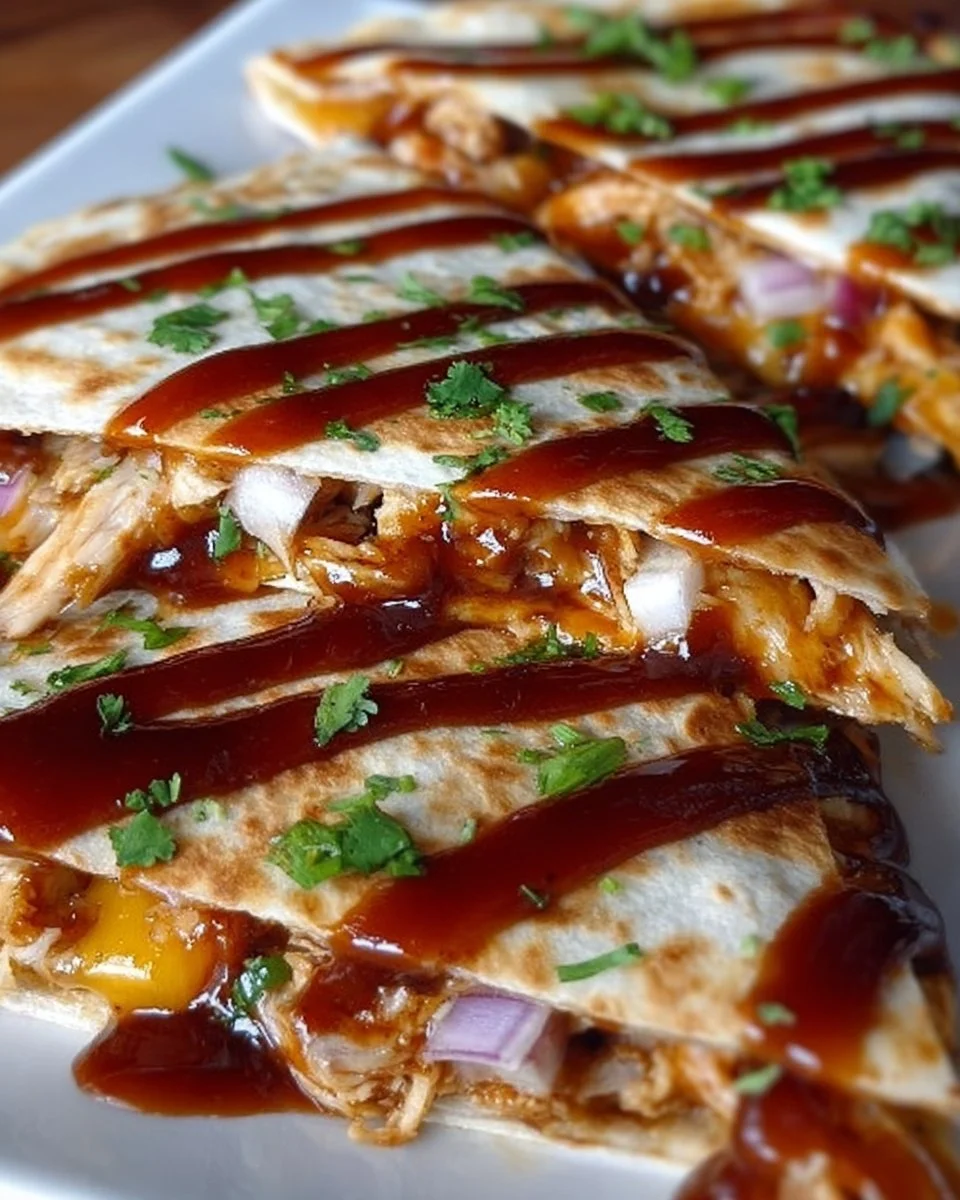 Hot Honey BBQ Chicken Quesadillas with melted cheese and BBQ sauce