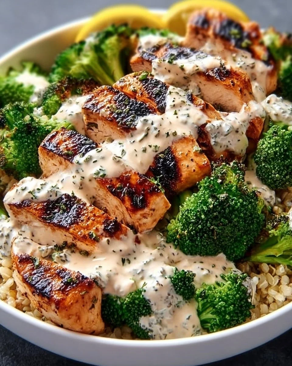 Grilled chicken and broccoli bowls drizzled with creamy garlic sauce