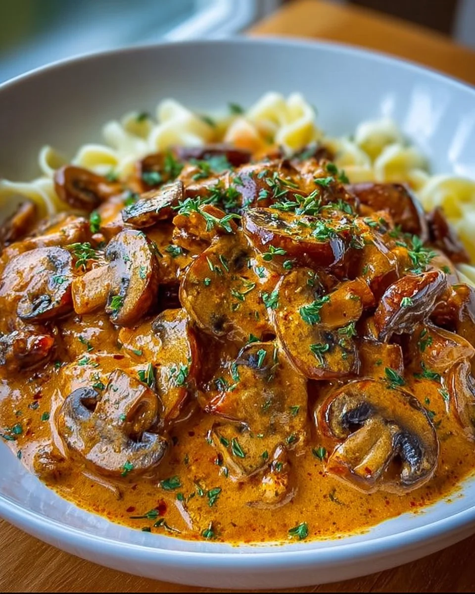 Hearty Hungarian Mushroom Paprikash with fresh herbs and spices