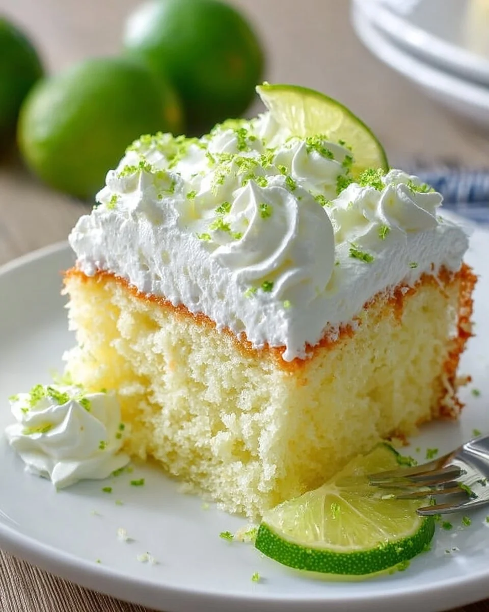 Delicious Key Lime Poke Cake with zesty lime topping and whipped cream.