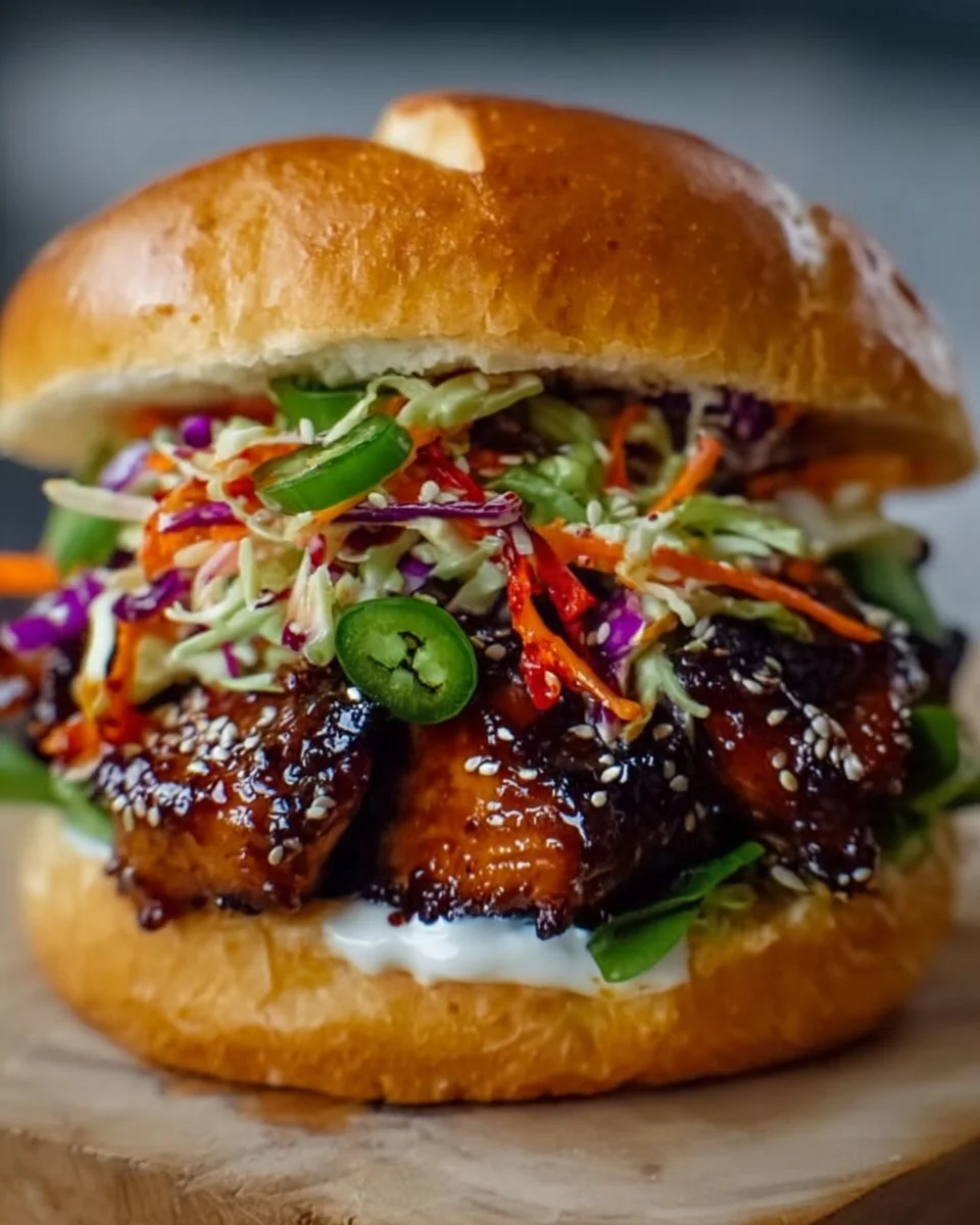 Korean BBQ Chicken Sandwich with zesty cabbage slaw on a rustic plate