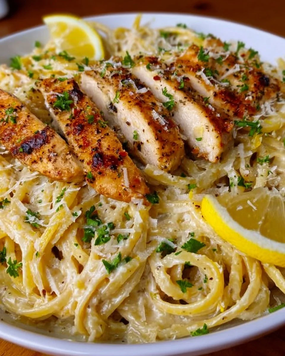 Delicious Lemon Chicken Pasta with chicken, lemon, and herbs on a plate