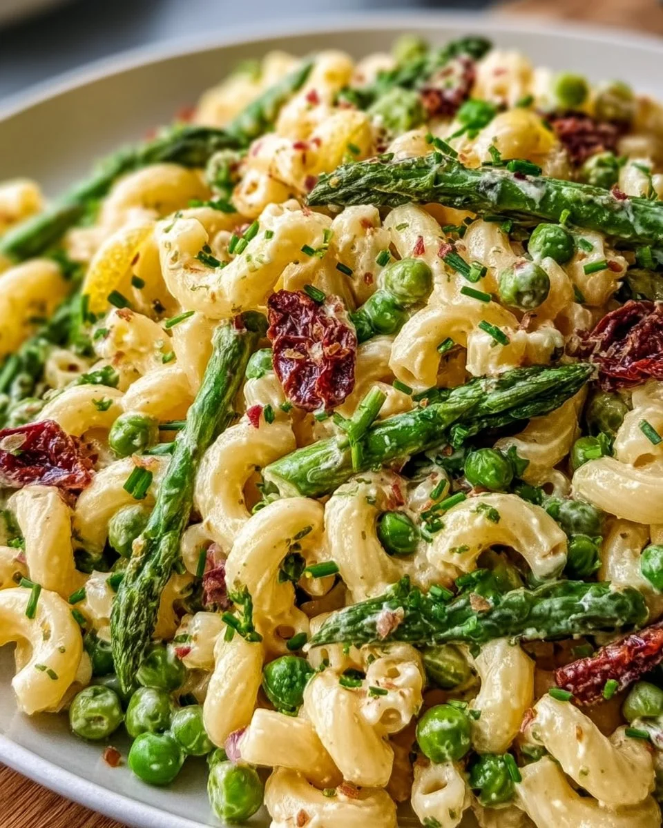 Lemon-Dijon Asparagus and Pea Macaroni Salad served in a bowl with vibrant colors.