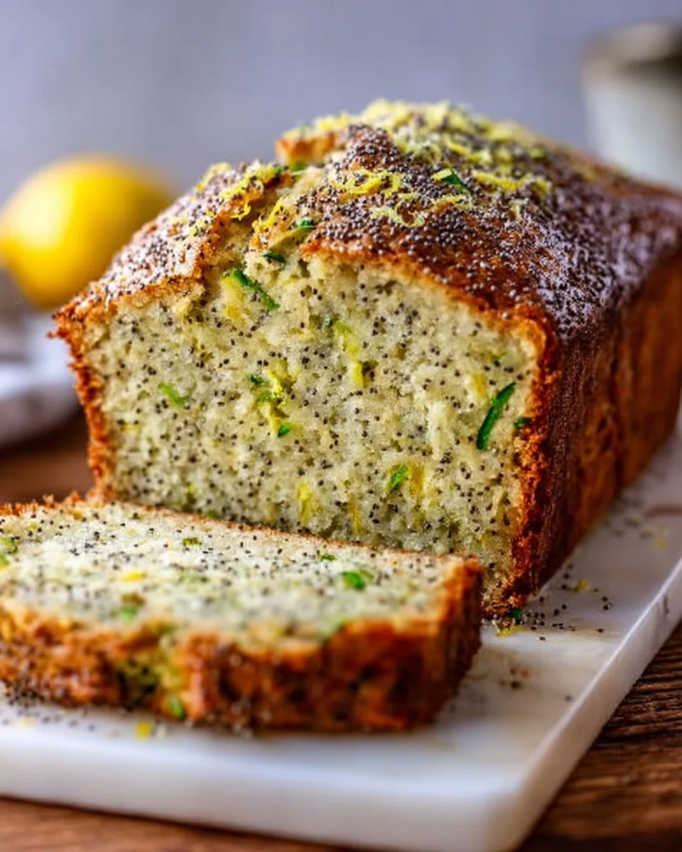 Lemon Poppy Seed Zucchini Bread loaf with lemon zest and poppy seeds on a wooden table