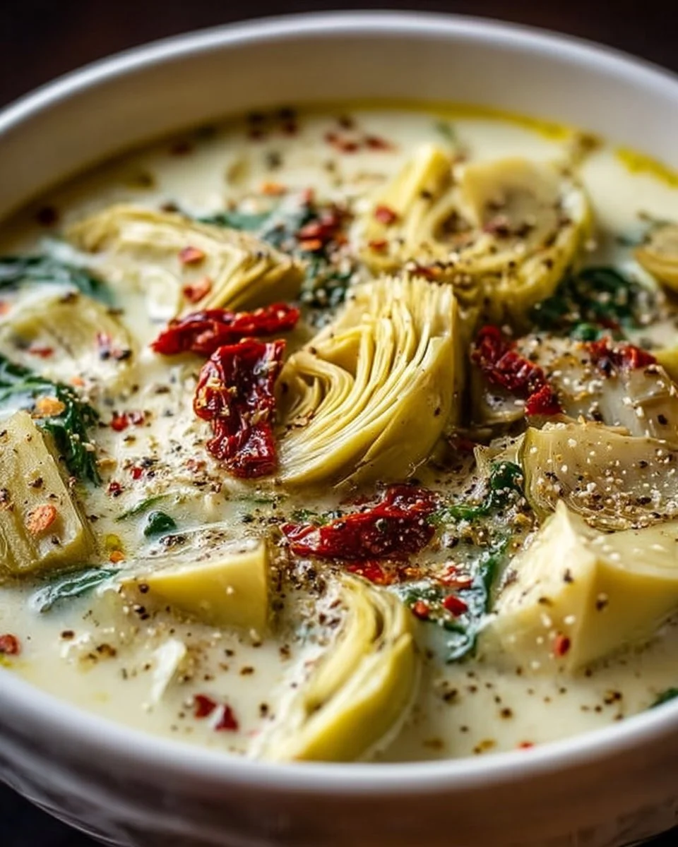Bowl of Lemony Tuscan Artichoke Soup garnished with herbs and lemon slices